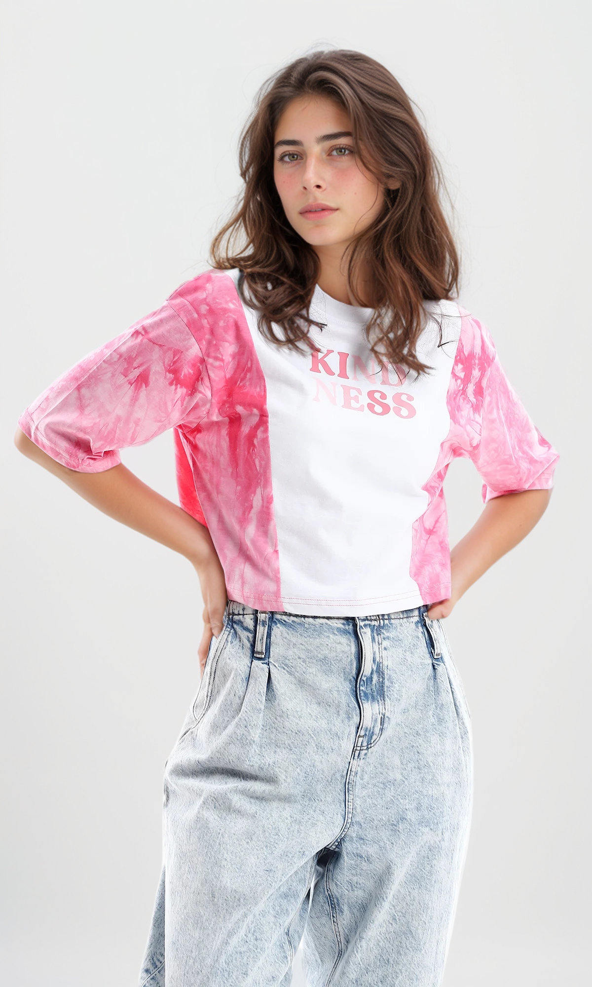 97848 Printed & Tie Dye Loose Summer Tee - Pink & White