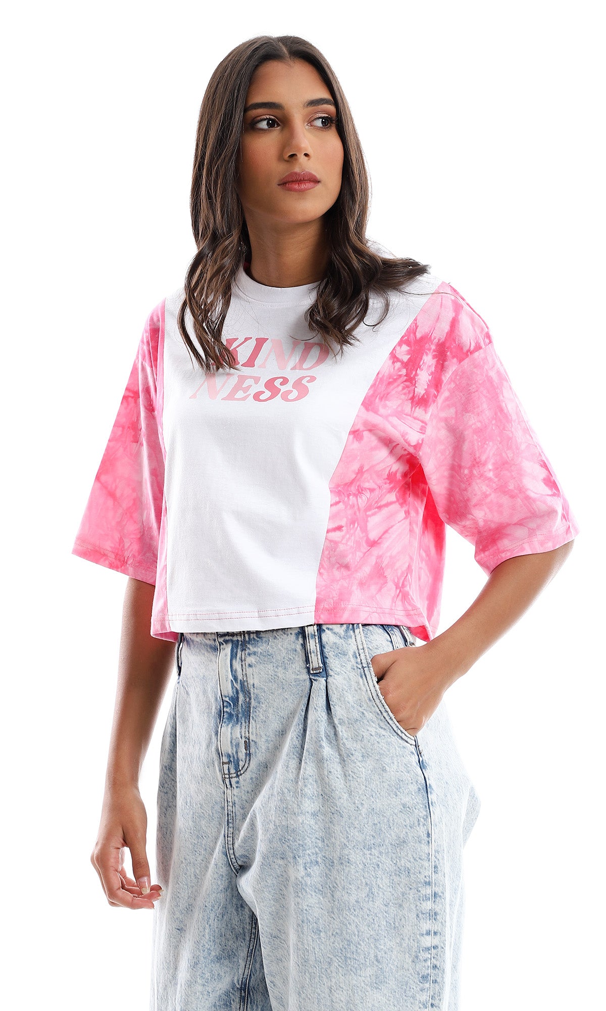 97848 Printed & Tie Dye Loose Summer Tee - Pink & White