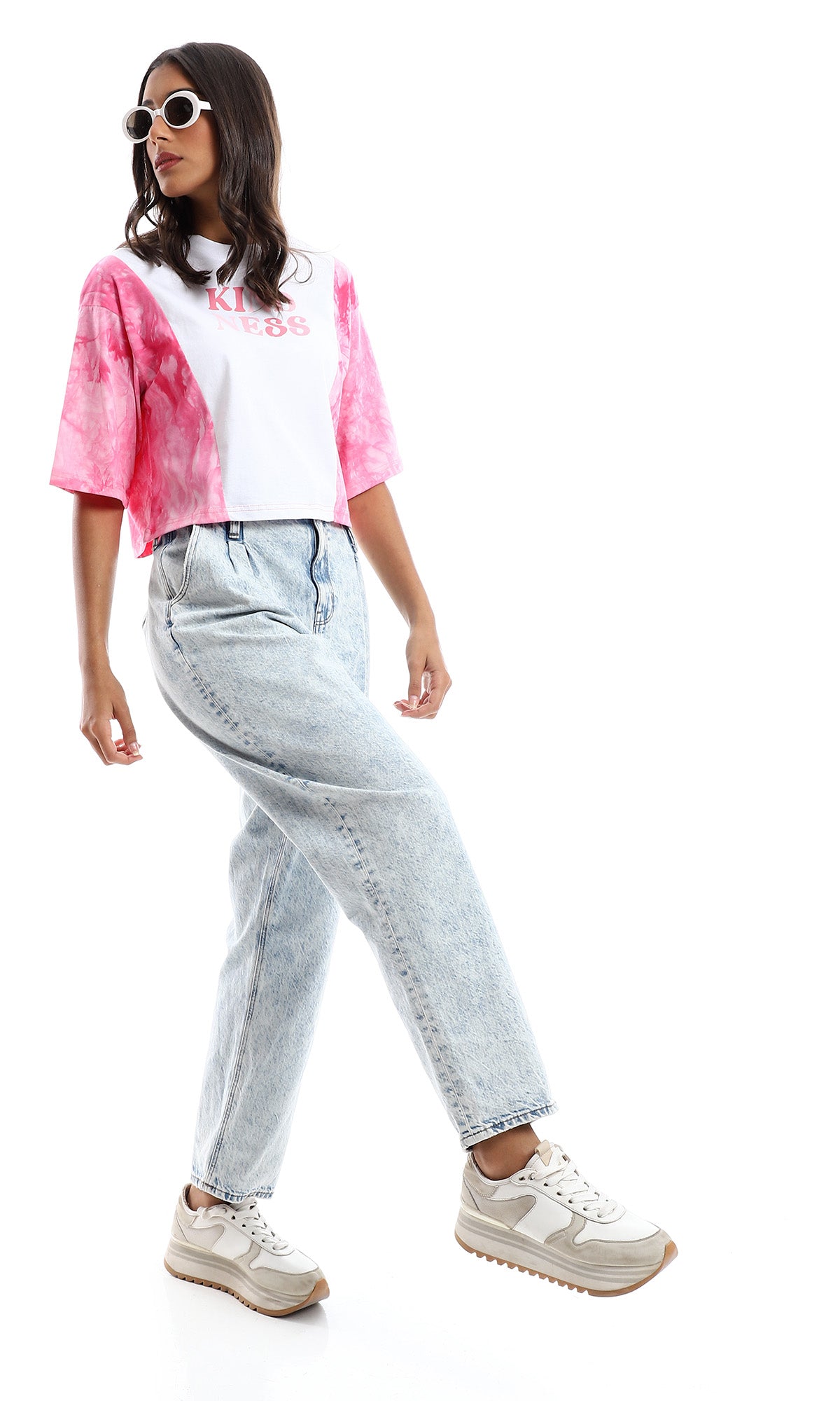 97848 Printed & Tie Dye Loose Summer Tee - Pink & White