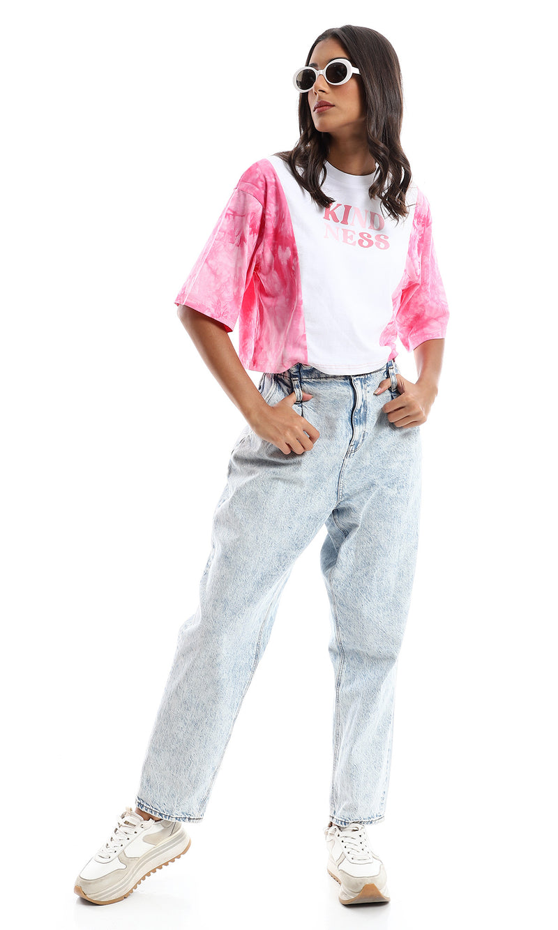 تي شيرت قصة واسعة مطبوع ومصبوغ - وردي وأبيض