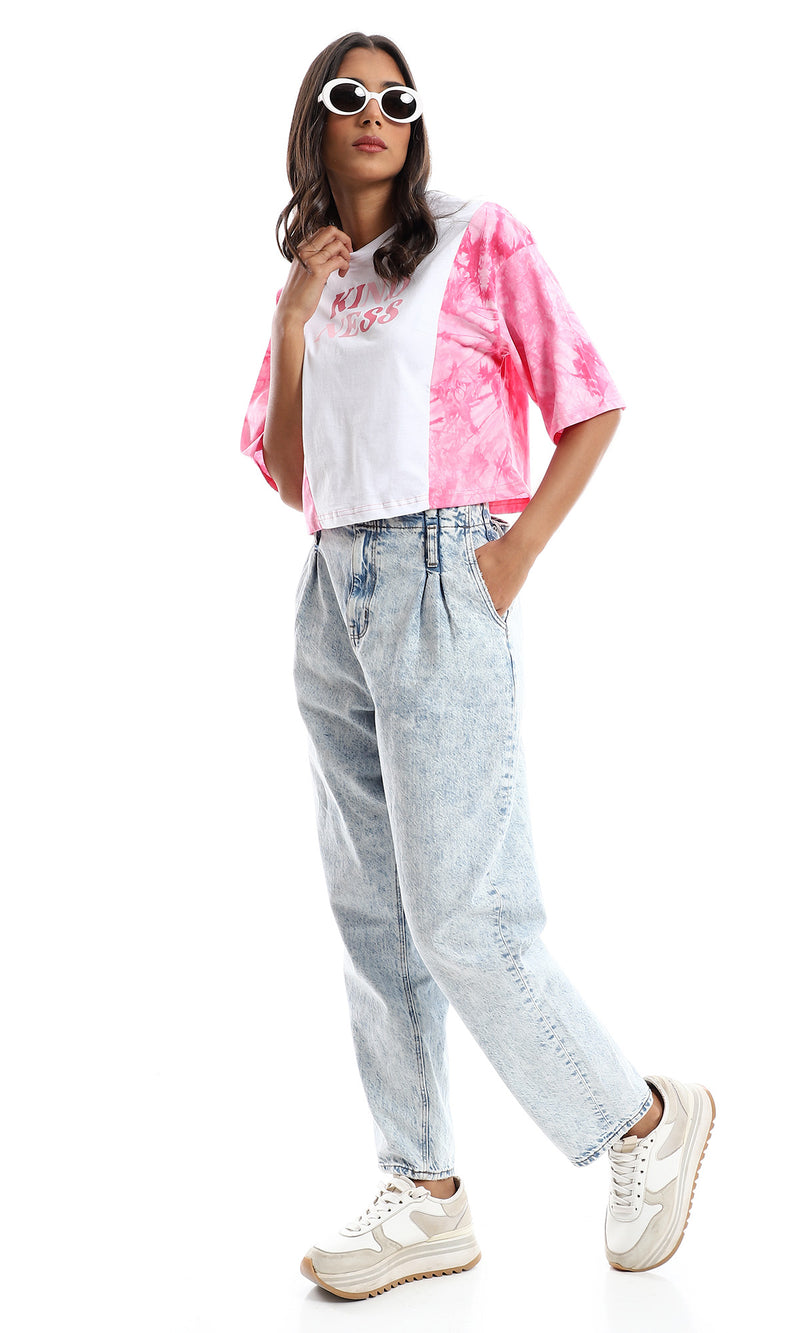 تي شيرت قصة واسعة مطبوع ومصبوغ - وردي وأبيض