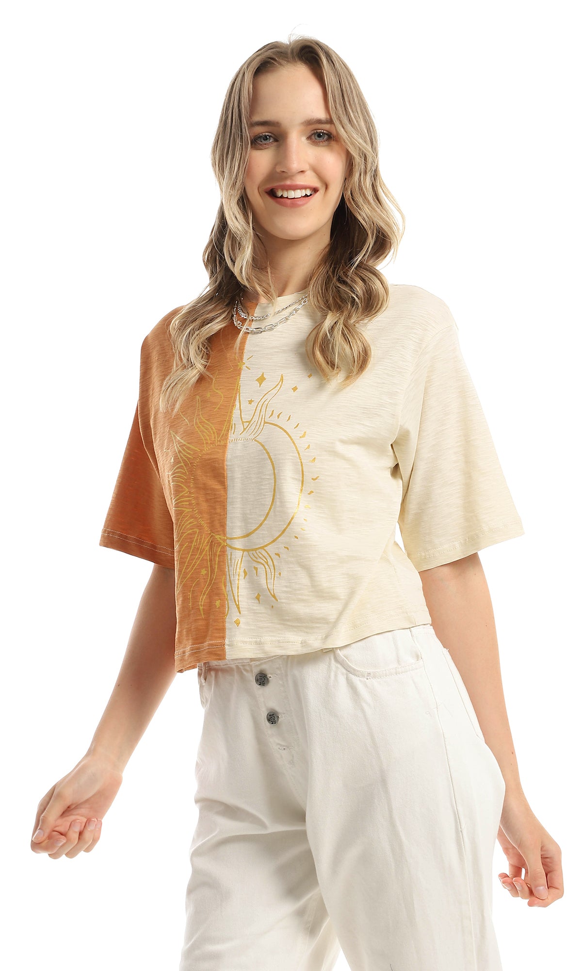 97857 Bi-Tone Elbow Sleeves Loose Tee - Beige & Carrot Orange