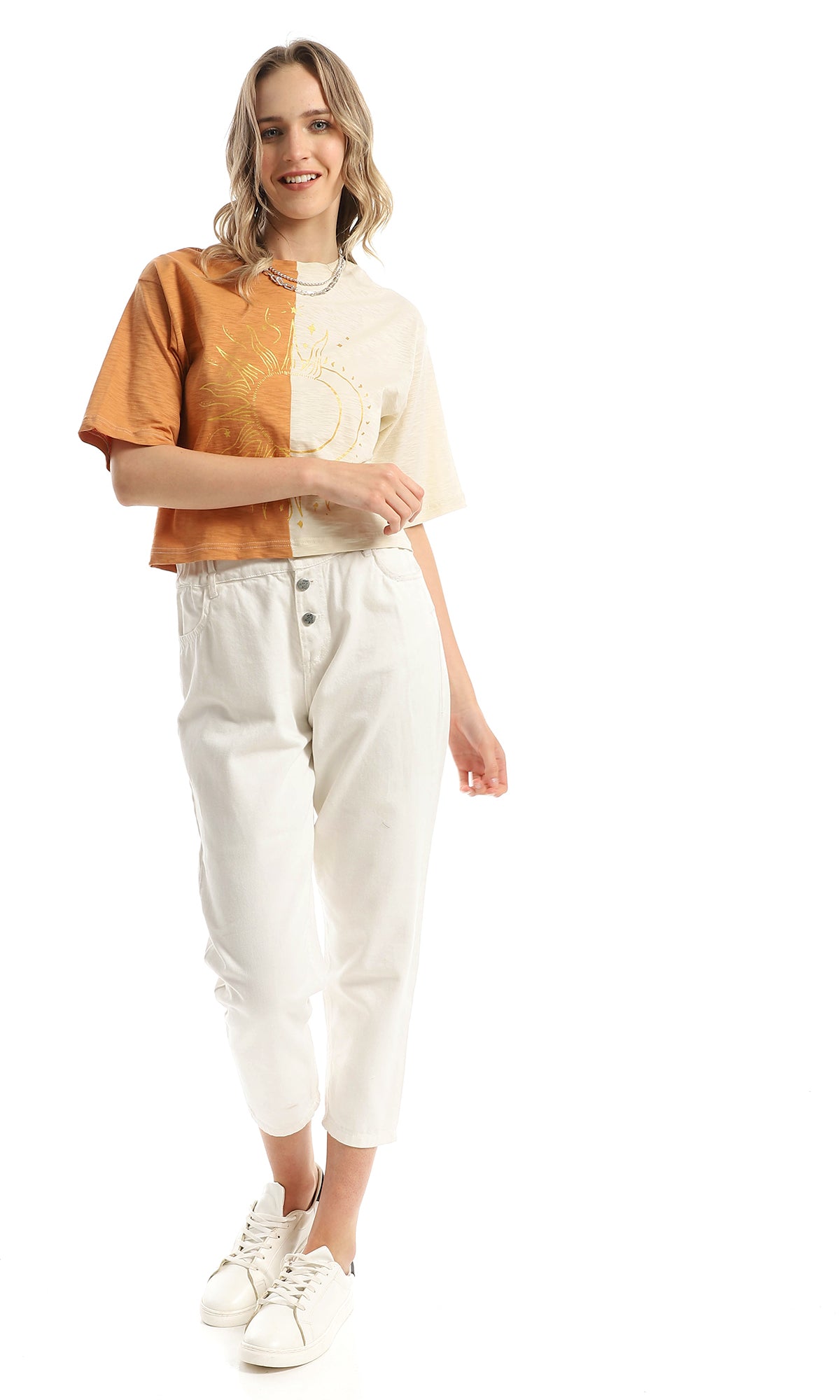 97857 Bi-Tone Elbow Sleeves Loose Tee - Beige & Carrot Orange