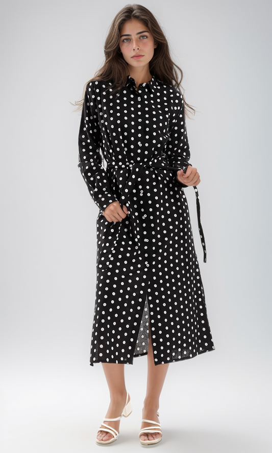 98088 Dotted Long Sleeves Long Bi-Tone Dress - White & Black