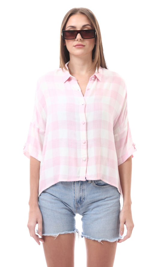 98145 Elbow-Sleeves Buttons Down Plaids Shirt - Pink & White