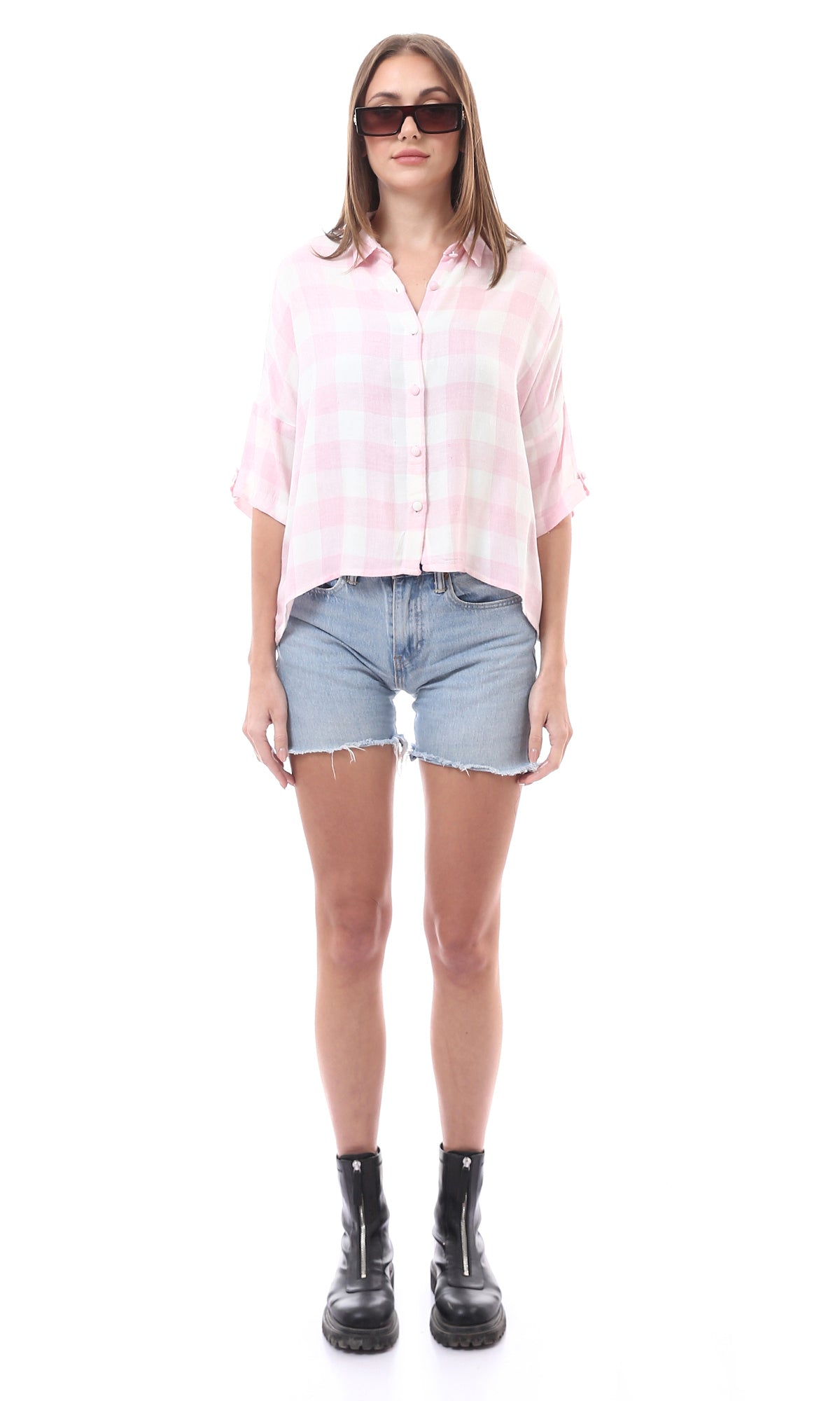 98145 Elbow-Sleeves Buttons Down Plaids Shirt - Pink & White