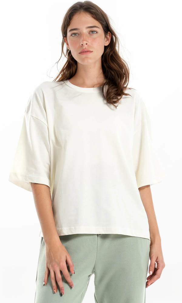 تي شيرت ناعم سادة قصة واسعة سهل الإرتداء لون أوف وايت