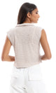 توب مقلم بدون أكمام وبياقة مطوية - بيج وبني