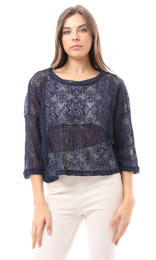 99005 Three Quarter Sleeves Navy Blue Lace Top