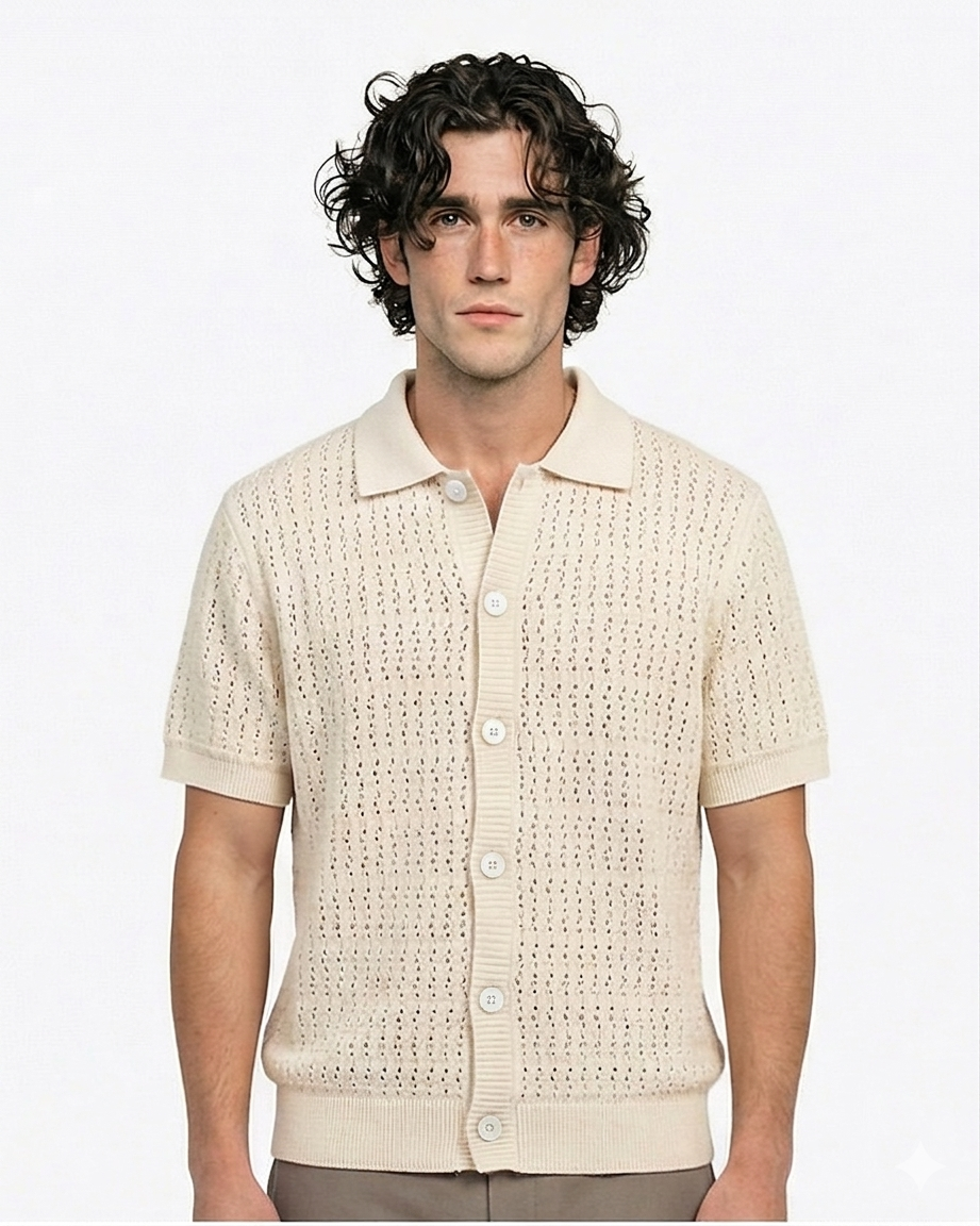 Stone Textured Knit Button-Down Polo Shirt - R217122