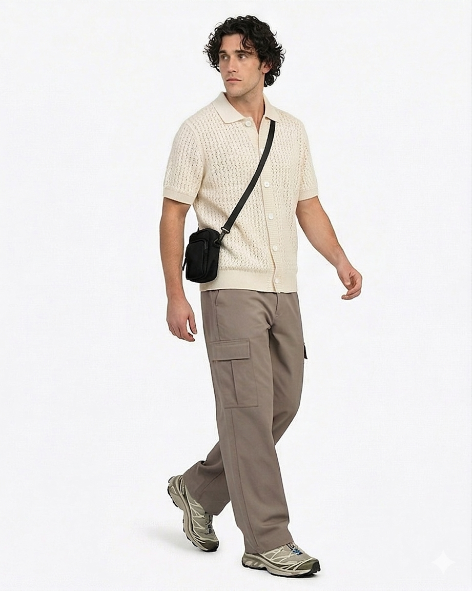 Stone Textured Knit Button-Down Polo Shirt - R217122