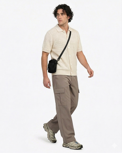 Stone Textured Knit Button-Down Polo Shirt - R217122