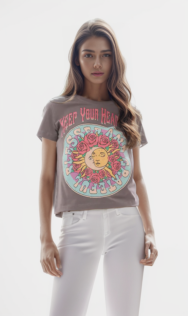 O165837 Keep Your Head Up Printed Regular Fit Cement T-Shirt