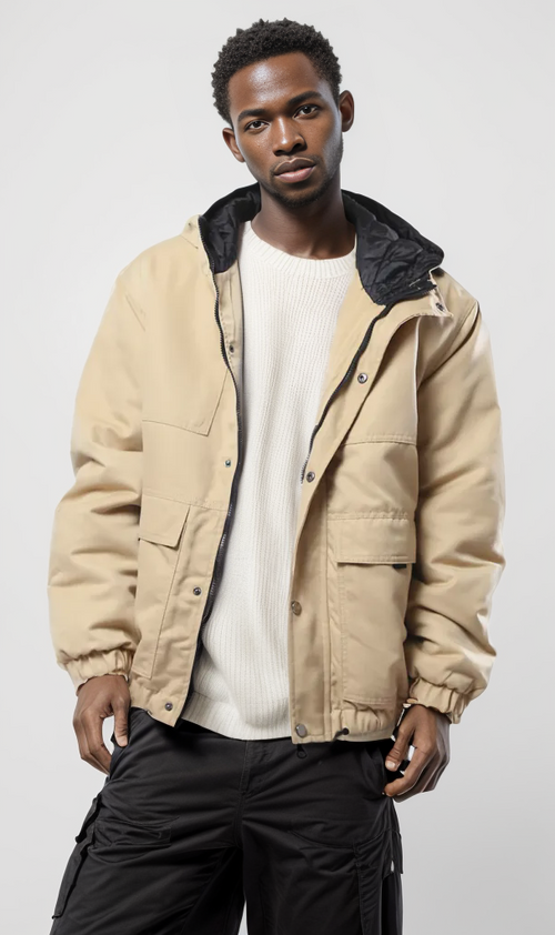 O174459 Hooded Neck Long Sleeves Sand Jacket