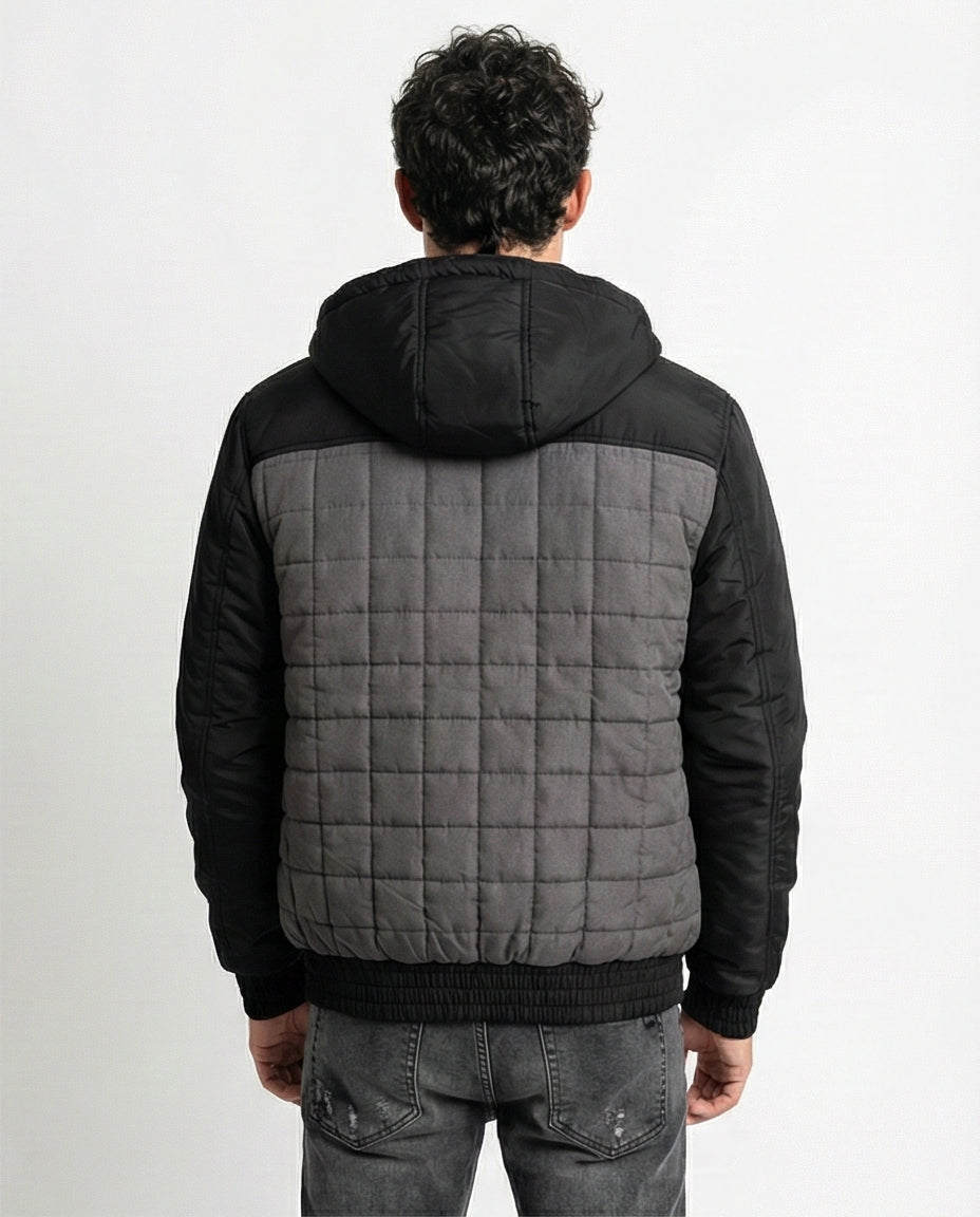 Two-Tone Quilted Hooded Bomber Jacket with Ribbed Cuffs - O175348