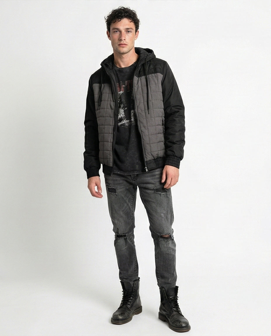 Two-Tone Quilted Hooded Bomber Jacket with Ribbed Cuffs - O175348