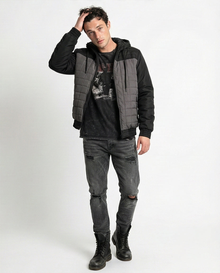 Two-Tone Quilted Hooded Bomber Jacket with Ribbed Cuffs - O175348