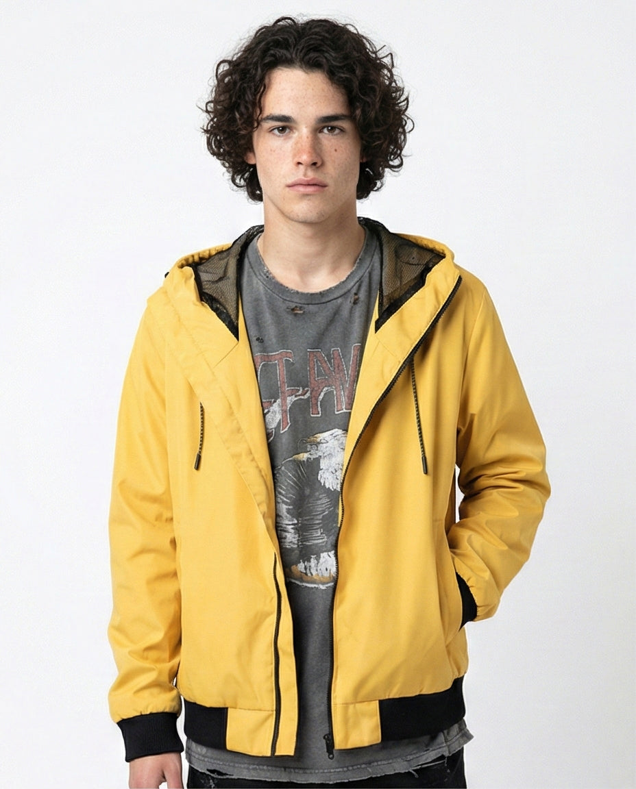 Mustard Yellow Hooded Mesh-Lined Bomber Jacket - O175901
