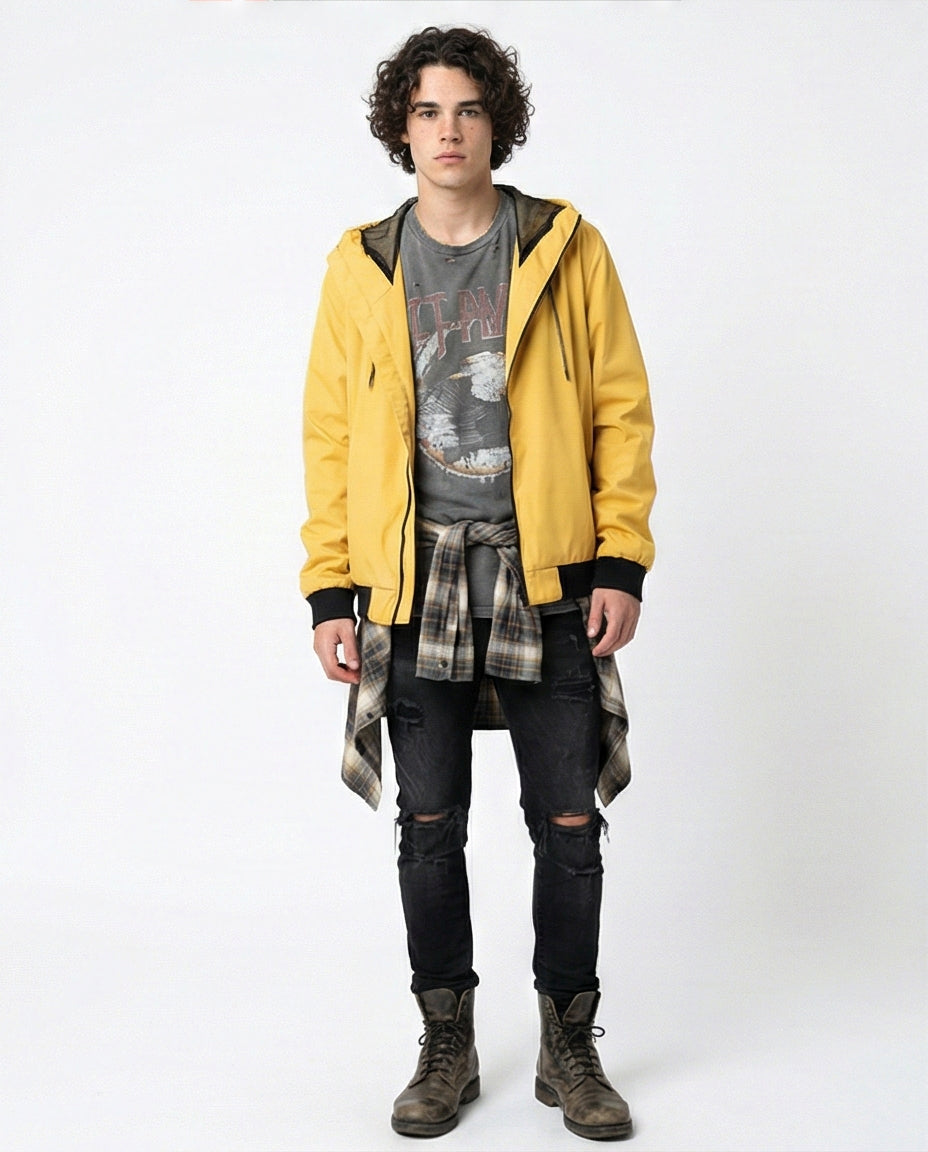 Mustard Yellow Hooded Mesh-Lined Bomber Jacket - O175901