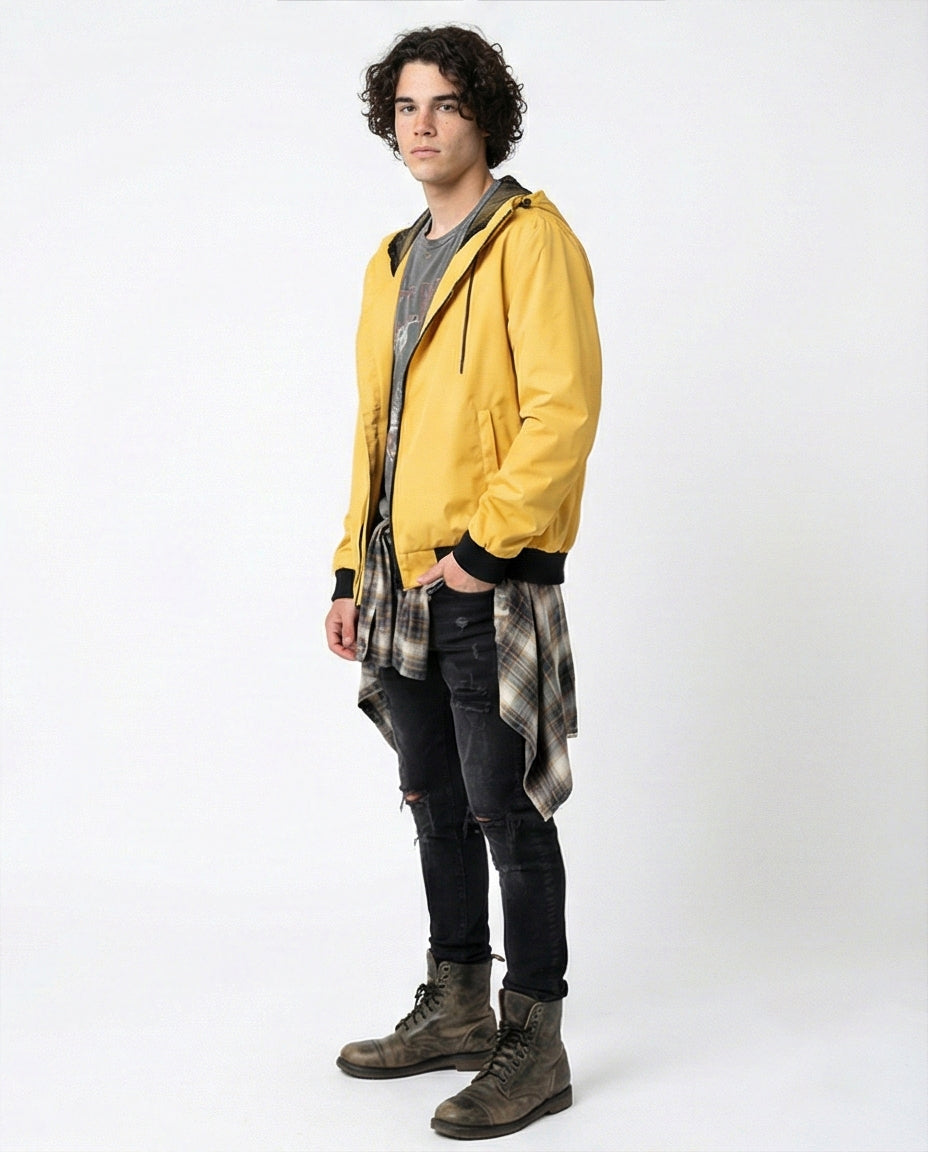 Mustard Yellow Hooded Mesh-Lined Bomber Jacket - O175901