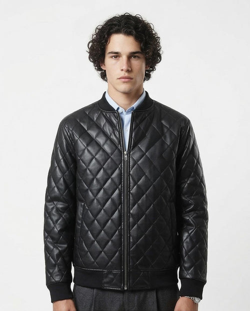 Ravin Men's Diamond-Quilted Faux Leather Bomber Jacket – Black - O176027