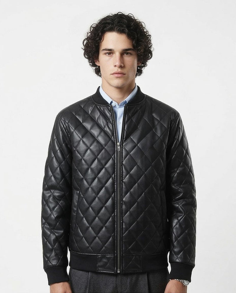Ravin Men's Diamond-Quilted Faux Leather Bomber Jacket – Black - O176027