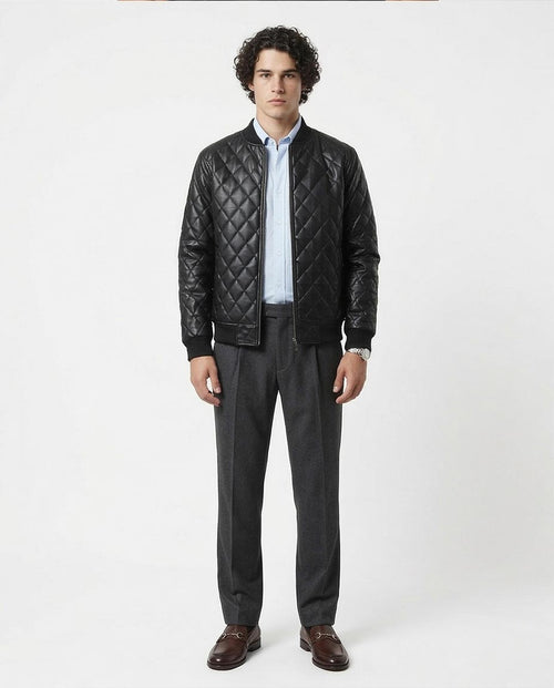 Ravin Men's Diamond-Quilted Faux Leather Bomber Jacket – Black - O176027