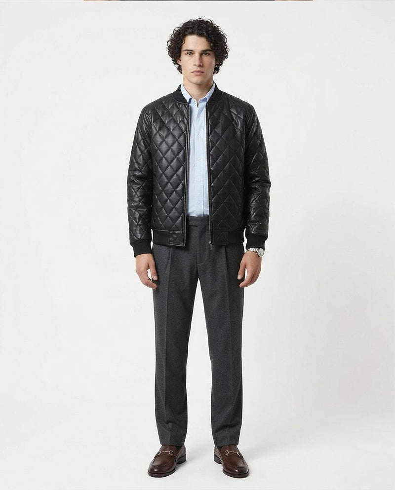 Ravin Men's Diamond-Quilted Faux Leather Bomber Jacket – Black - O176027