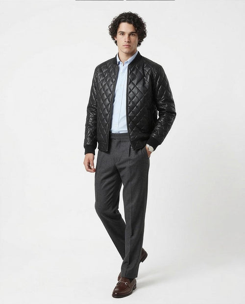 Ravin Men's Diamond-Quilted Faux Leather Bomber Jacket – Black - O176027