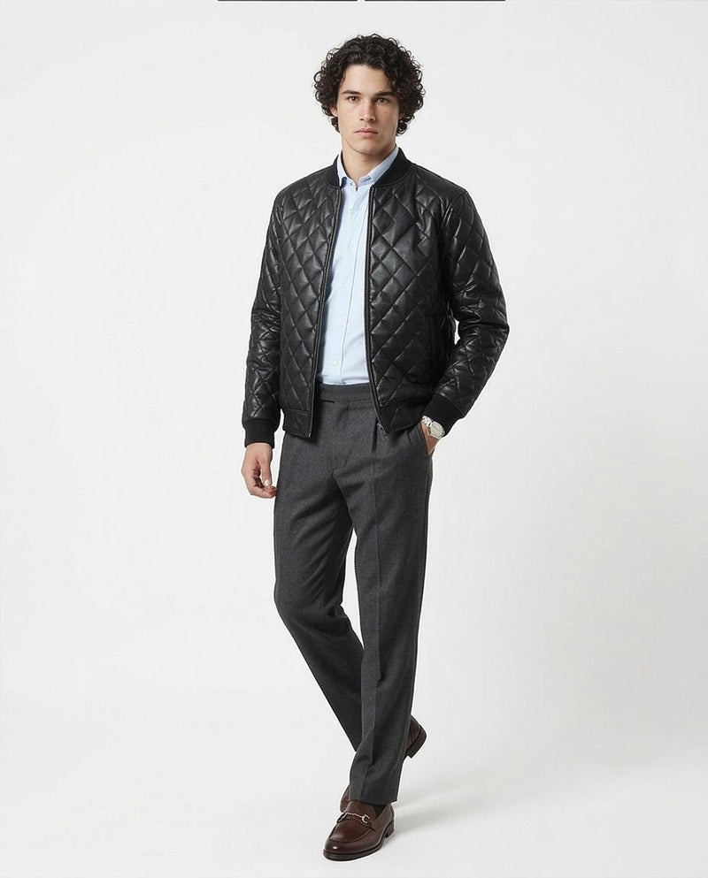 Ravin Men's Diamond-Quilted Faux Leather Bomber Jacket – Black - O176027