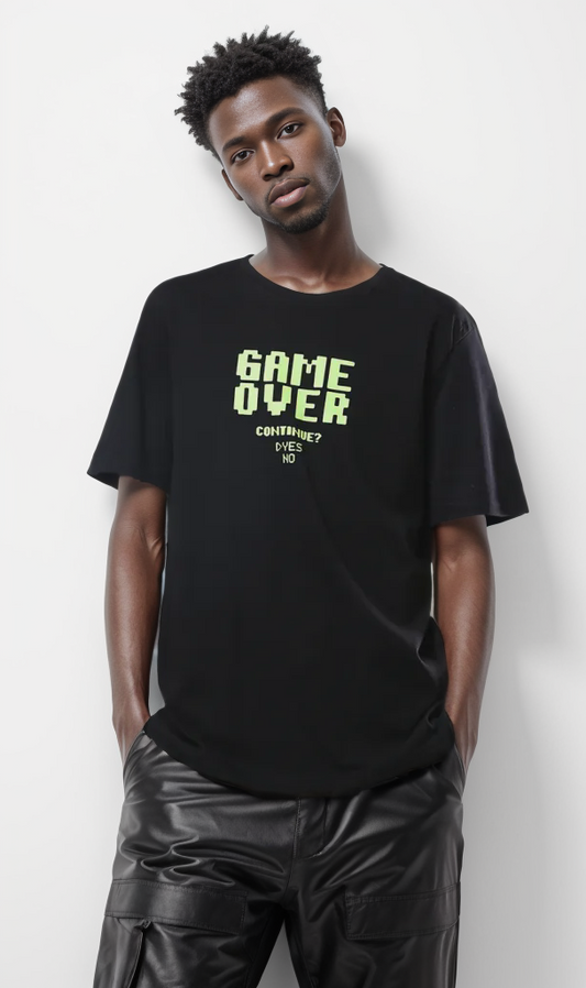 O178958 Printed "Game Over" Short Sleeves Summer Black Tee