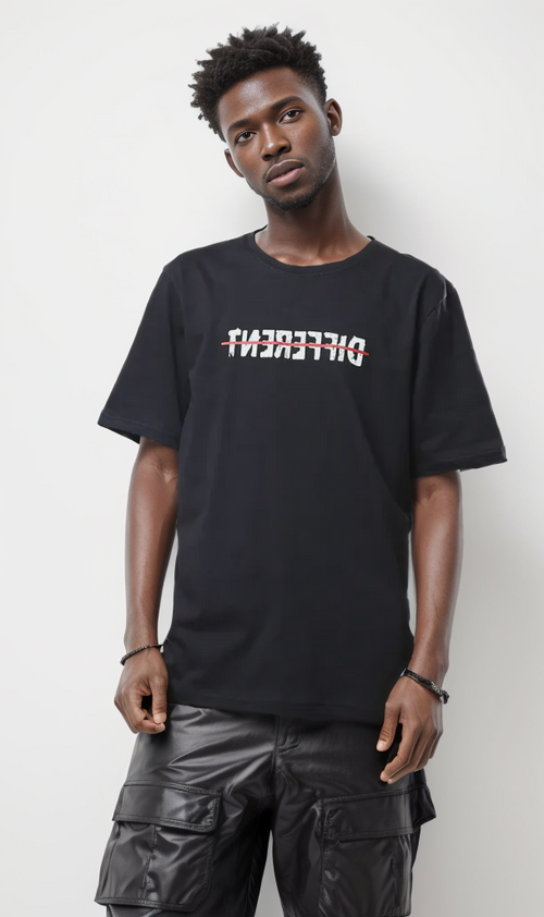 O178962 "Different" Front Print & Back Comfy Tee - Black