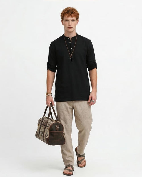 Ravin Men's Roll-Tab Henley Kurta - Black - O181030