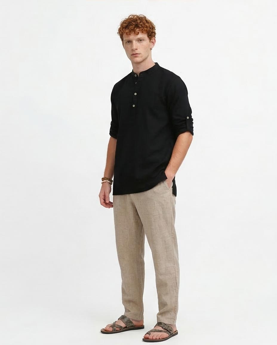 Ravin Men's Roll-Tab Henley Kurta - Black - O181030