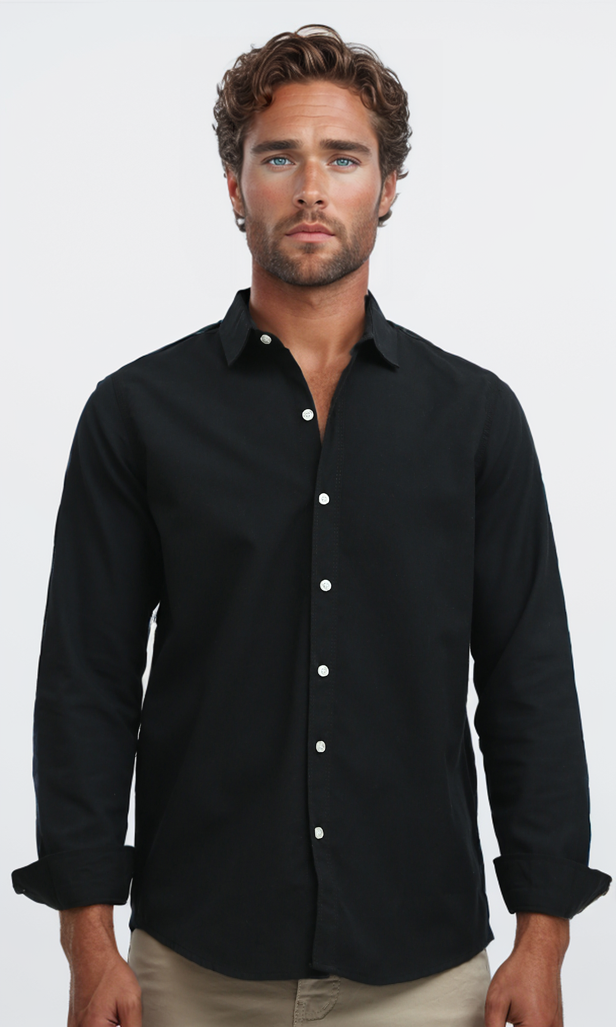 O188519  Solid Long Sleeves Casual Black Buttoned Shirt