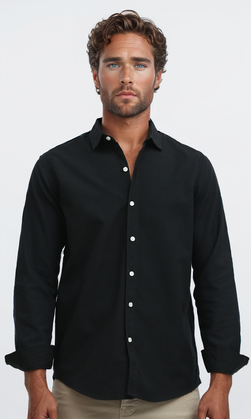 O188519  Solid Long Sleeves Casual Black Buttoned Shirt