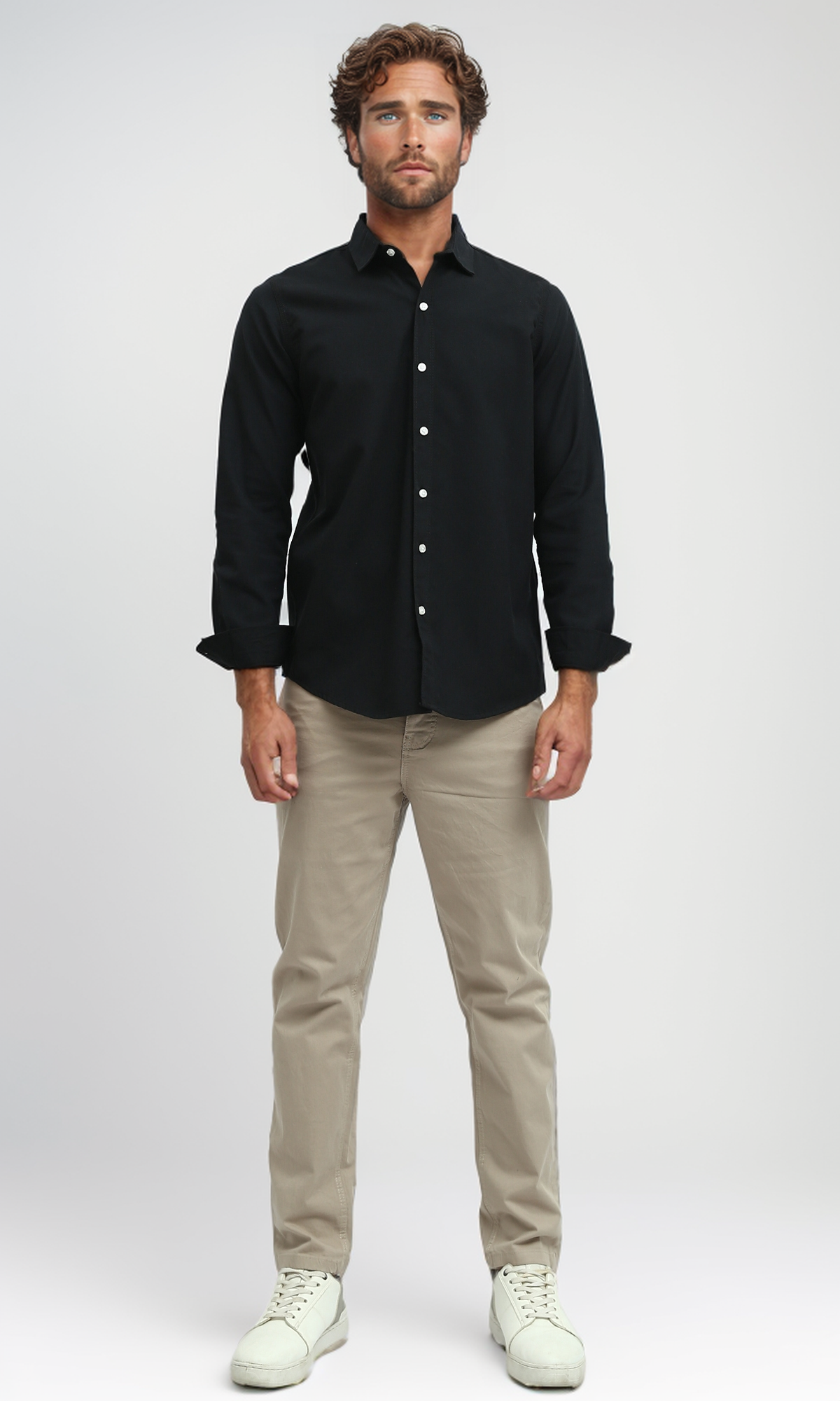 O188519  Solid Long Sleeves Casual Black Buttoned Shirt