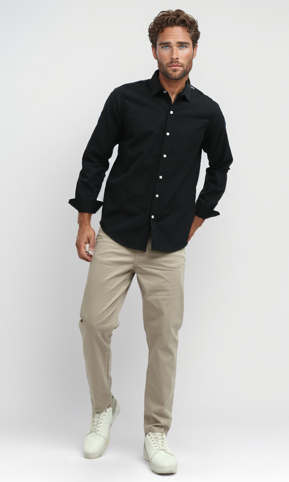 O188519  Solid Long Sleeves Casual Black Buttoned Shirt