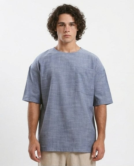 تي شيرت مريح سهل الارتداء مع جيب أمامي - هيذر كحلي