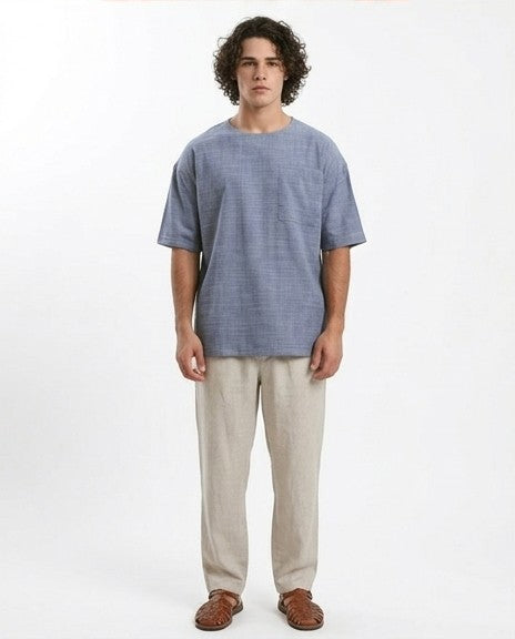 تي شيرت مريح سهل الارتداء مع جيب أمامي - هيذر كحلي