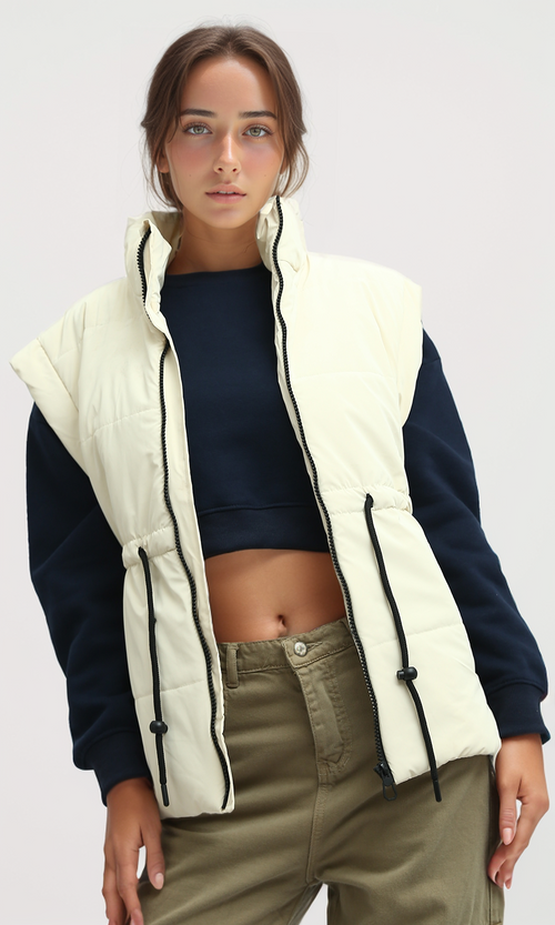 O192717 Sleeveless Bomber Jacket With Drawsting - Light Beige