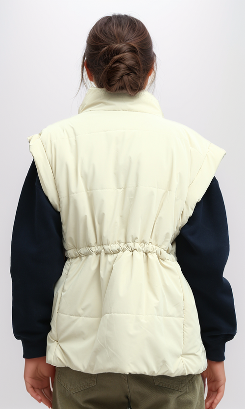 O192717 Sleeveless Bomber Jacket With Drawsting - Light Beige