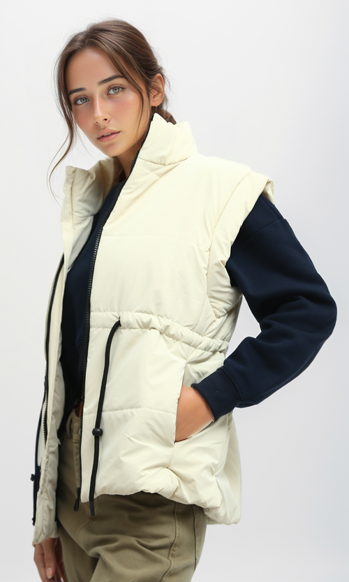 O192717 Sleeveless Bomber Jacket With Drawsting - Light Beige