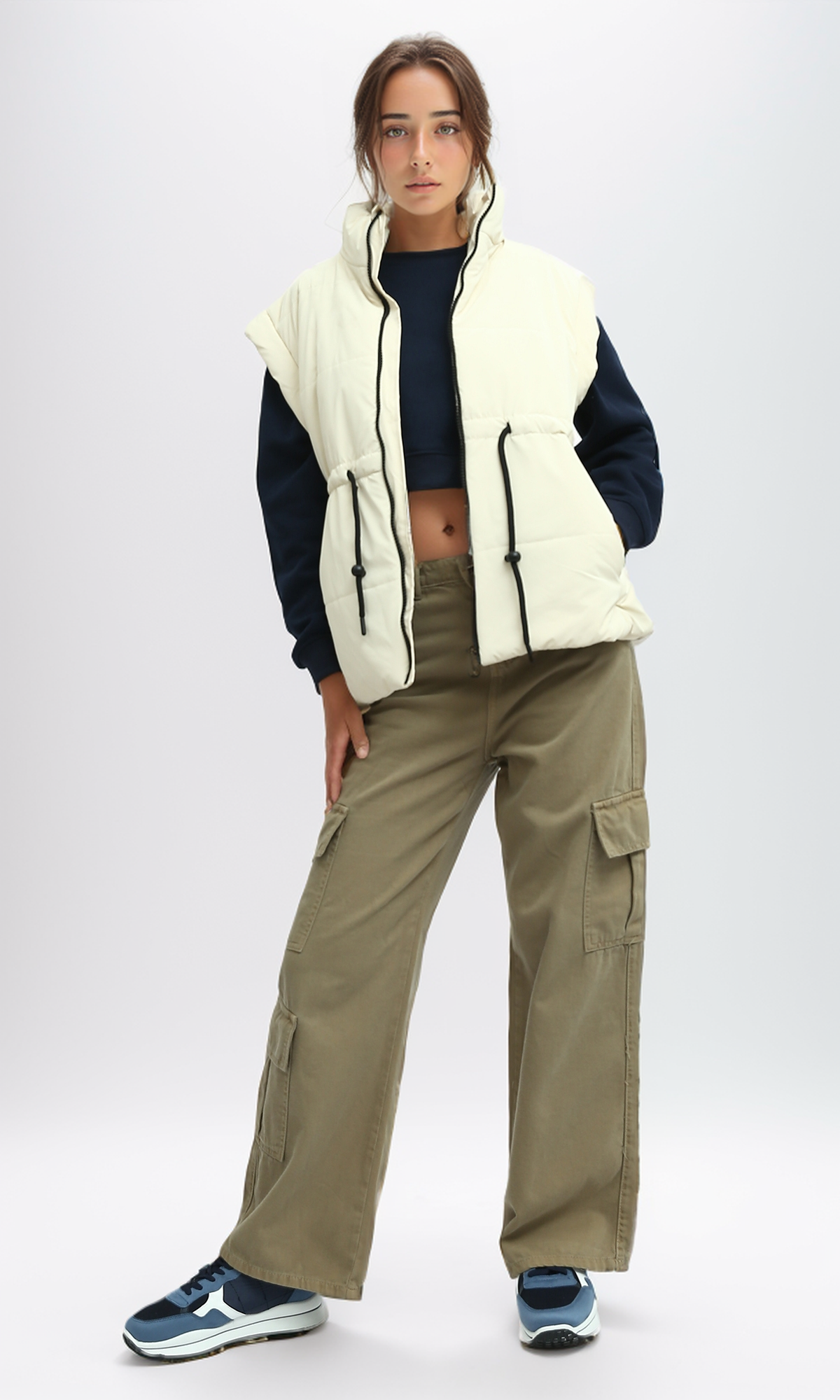 O192717 Sleeveless Bomber Jacket With Drawsting - Light Beige