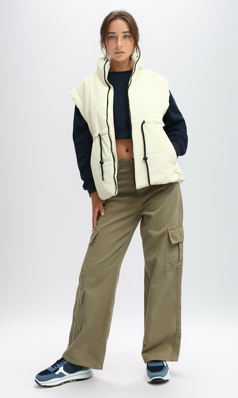 O192717 Sleeveless Bomber Jacket With Drawsting - Light Beige