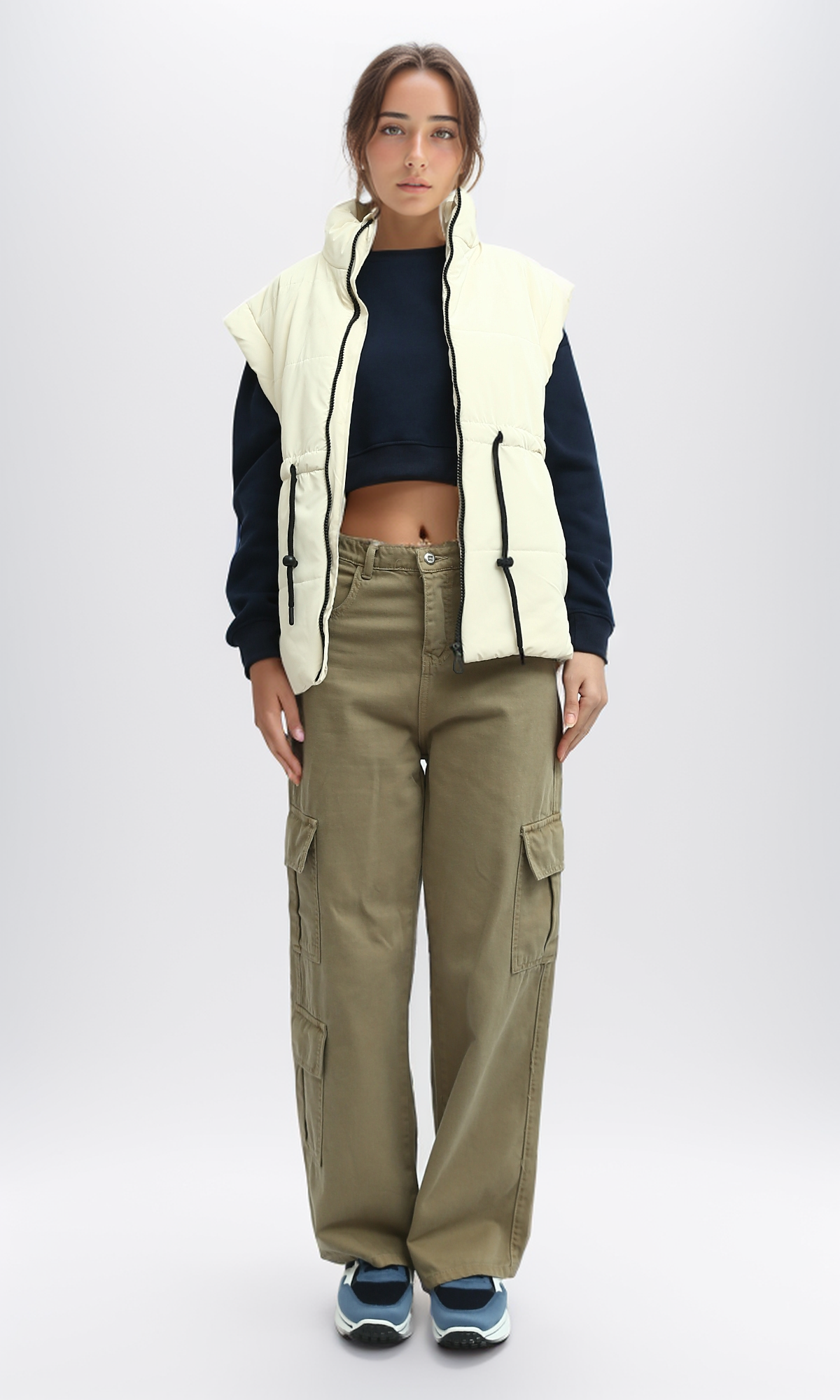 O192717 Sleeveless Bomber Jacket With Drawsting - Light Beige