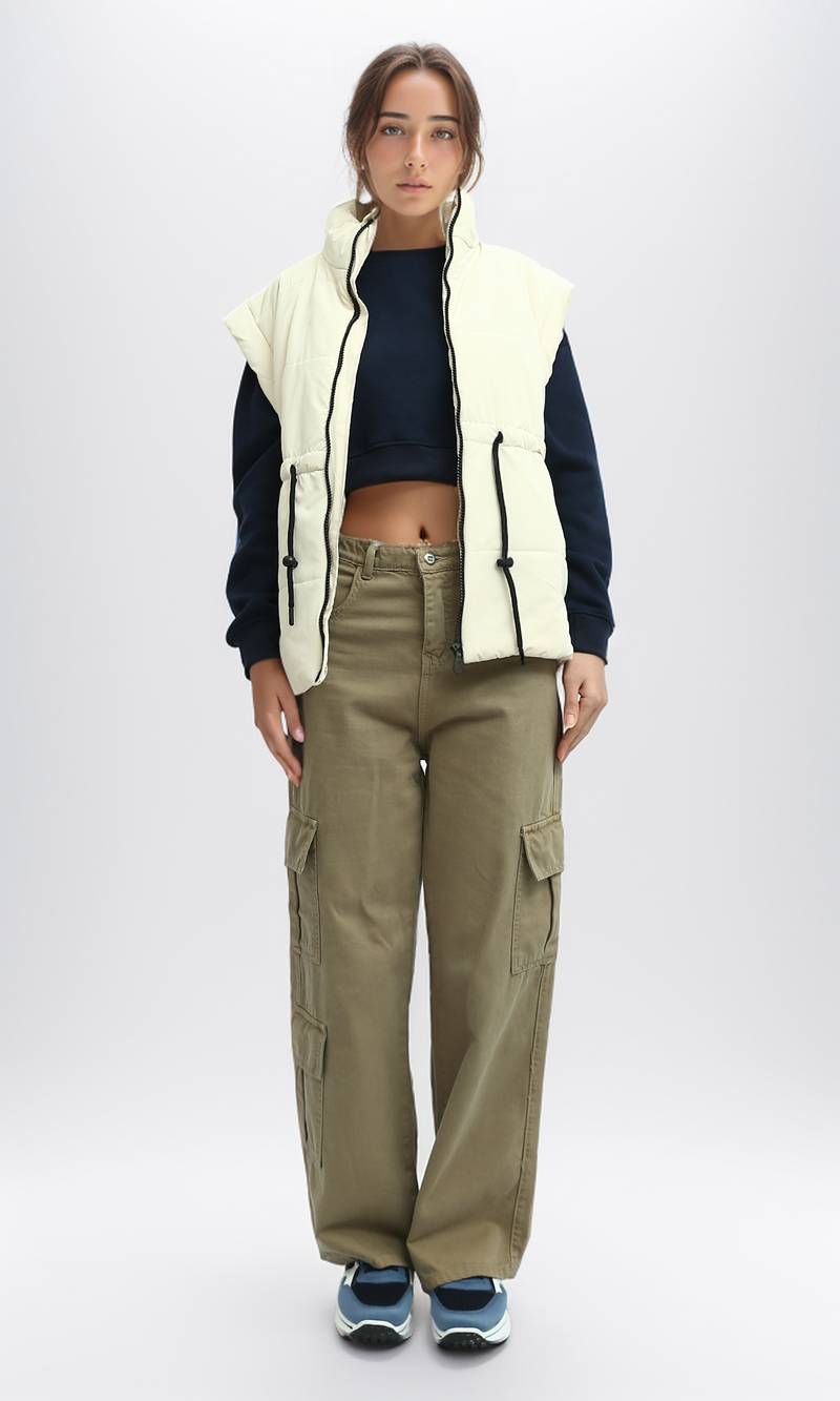 O192717 Sleeveless Bomber Jacket With Drawsting - Light Beige