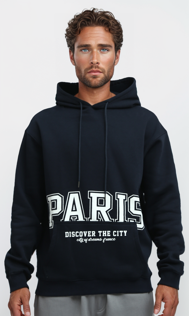 O193403 Drawstring Hoodie Neck With Printed On Pocket - Navy