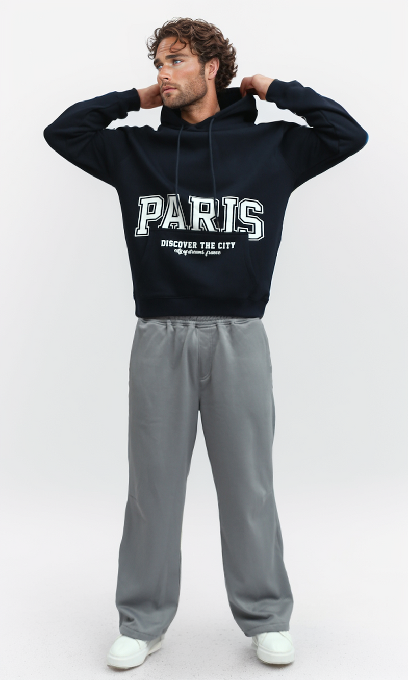 O193403 Drawstring Hoodie Neck With Printed On Pocket - Navy