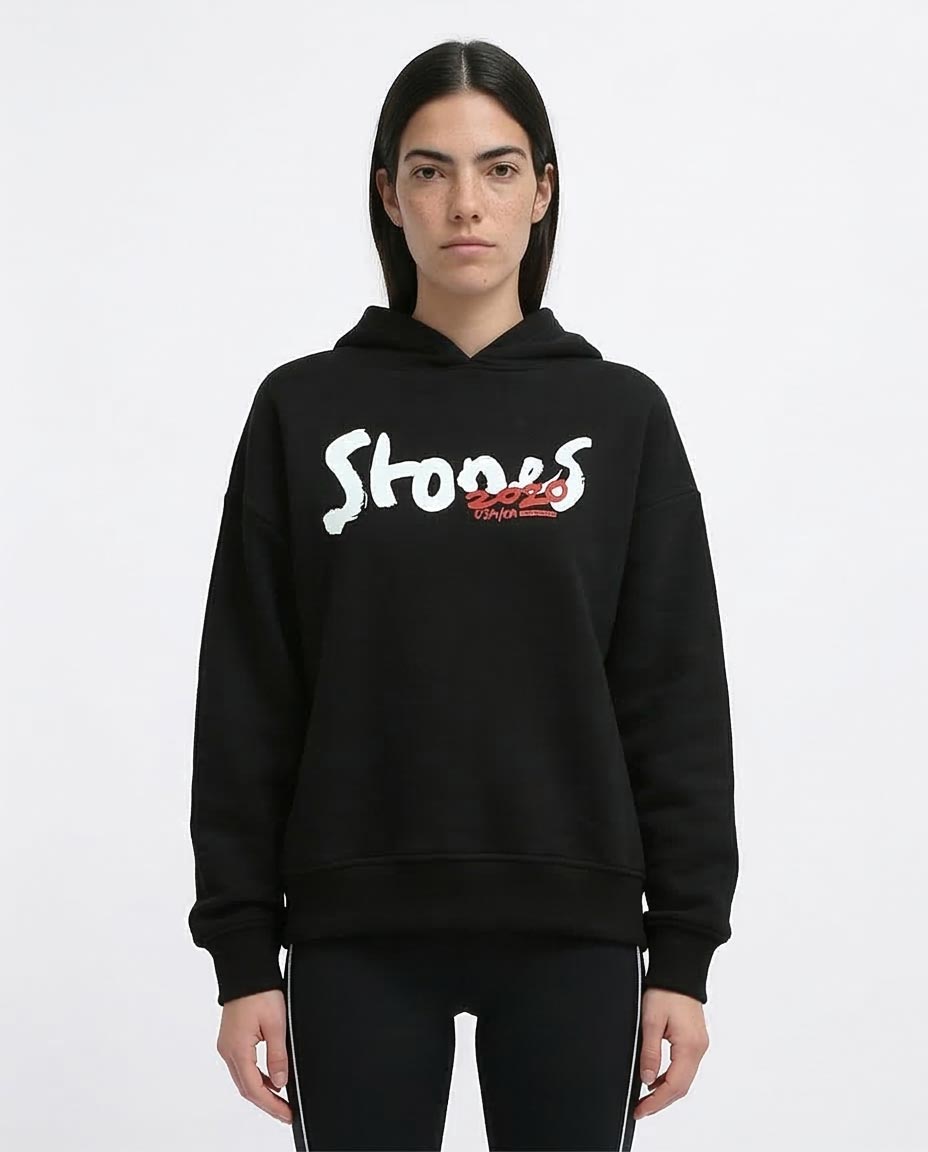 Person wearing a black hoodie with 'Stones' logo on a white background